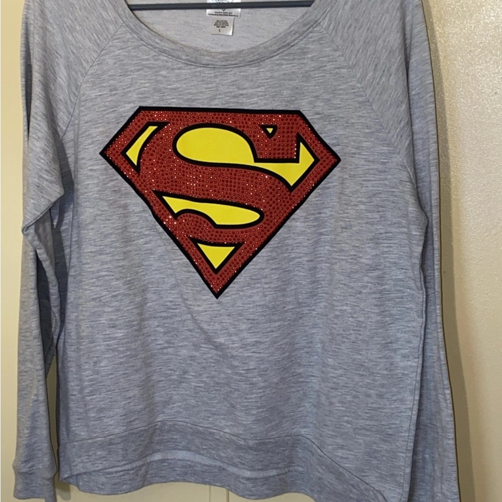 DC Comics Superman Logo Sweatshirt Women’s L Gray Bling Rhinestone Pullover Top
